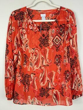 Chico's Popover Blouse Tribal Paisley Ikat Top Women 8/10 Red Orange Flame Shirt